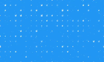 Seamless background pattern of evenly spaced white bird symbols of different sizes and opacity. Vector illustration on blue background with stars