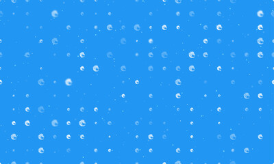 Seamless background pattern of evenly spaced white dragon's head symbols of different sizes and opacity. Vector illustration on blue background with stars