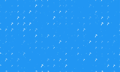 Seamless background pattern of evenly spaced white hammer symbols of different sizes and opacity. Vector illustration on blue background with stars
