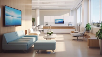A reception area with an expansive desk, a wall-mounted flat-screen TV, and modern, ergonomic chairs for waiting patients.