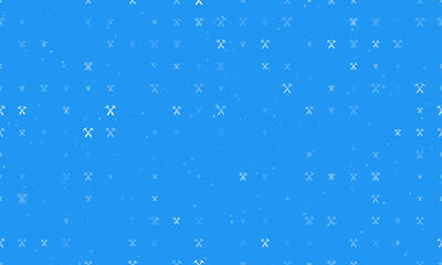 Seamless background pattern of evenly spaced white crossed hammers symbols of different sizes and opacity. Vector illustration on blue background with stars