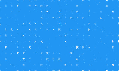 Seamless background pattern of evenly spaced white combat robots of different sizes and opacity. Vector illustration on blue background with stars