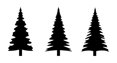 Set of silhouette pine tree. Christmas tree silhouettes collection isolated on white background. Monochrome different forest trees. Hand drawn xmas tree in black color. Vector illustration