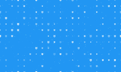 Seamless background pattern of evenly spaced white owl head symbols of different sizes and opacity. Vector illustration on blue background with stars