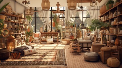 A rustic-inspired home goods store teeming with scented candles, kitchenware, and an assortment of exotic rugs neatly displayed. - obrazy, fototapety, plakaty