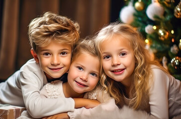 Fototapeta na wymiar Portrait of three smiling children sitting near christmas tree at home