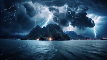 Night sea dramatic landscape with a storm. Night storm on the ocean. Gloomy giant waves and lightning. Dark cloudy sky above the water