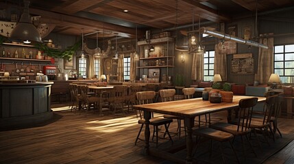 A rustic-themed cafeteria featuring wooden tables, cozy booths, and a chalkboard menu displaying daily specials.