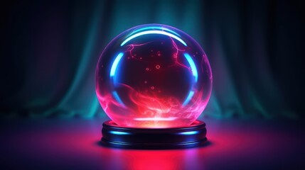 Magic glass ball. Neon light, neon. Fantasy ball, predictions of the future, divination - obrazy, fototapety, plakaty