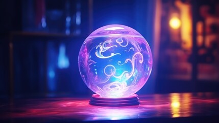 Magic glass ball. Neon light, neon. Fantasy ball, predictions of the future, divination - obrazy, fototapety, plakaty