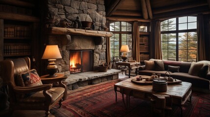 Fototapeta na wymiar A rustic cabina??s living room replete with a roaring fireplace, handwoven rugs, and antique furnishings.