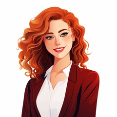 Smiling Teen Indian Woman with Red Curly Hair Flat Illustration. Portrait of Business Character on white background. Business Person in Casual Clothes. Ai Generated Square Cartoon Illustration.