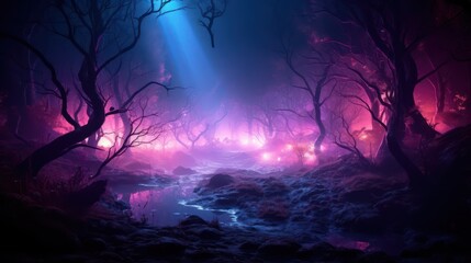 Fototapeta na wymiar Night magical fantasy forest. Forest landscape, neon, magical lights in the forest. Fairy-tale atmosphere, fog in the forest, silhouettes of trees