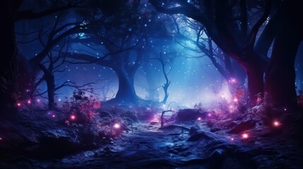 Obraz na płótnie Canvas Night magical fantasy forest. Forest landscape, neon, magical lights in the forest. Fairy-tale atmosphere, fog in the forest, silhouettes of trees