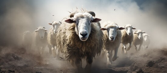 A flock of sheep led by one - obrazy, fototapety, plakaty