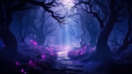 Naklejka premium Night magical fantasy forest. Forest landscape, neon, magical lights in the forest. Fairy-tale atmosphere, fog in the forest, silhouettes of trees
