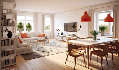 Fototapeta na wymiar Studio apartment with dining table and chairs. Scandinavian interior design of modern living room