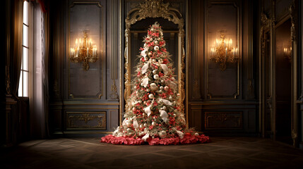 christmas tree with christmas decorations  in the room interior decoration New Year's studio holiday celebration desktop wallpaper