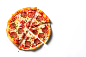 A hot delicious pizza on white background.