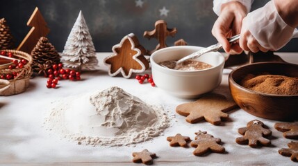Fototapeta na wymiar Baking gingerbread man Christmas cookies in kitchen