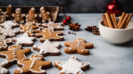 Naklejka na ściany i meble Baking gingerbread man Christmas cookies in kitchen