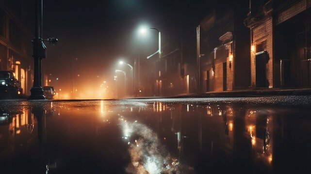 night view of the city wet asphalt reflection of  lights a searchlight smoke abstract