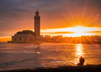  Casablanca, Morocco:  sunrise next to Hassan II Mosque - obrazy, fototapety, plakaty