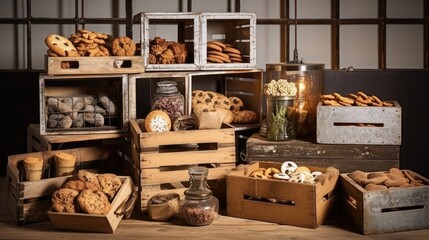  an assortment of breads and pastries displayed in wooden crates on a wooden table in front of a wall.  generative ai