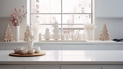  a kitchen counter topped with a white counter top covered in white frosted christmas trees and snowman figurines.  generative ai