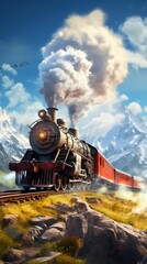 Obraz premium beautiful sunny day with old steam train with mountains in background