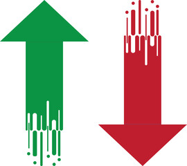 Illustration of the red arrow falling and the green arrow rising at a crazy speed on a white background