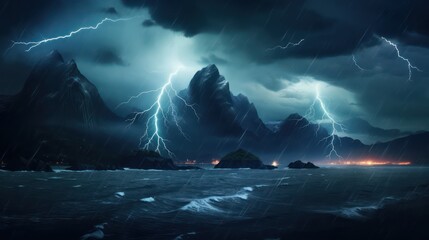 Night sea dramatic landscape with a storm. Night storm on the ocean. Gloomy giant waves and lightning. Dark cloudy sky above the water - obrazy, fototapety, plakaty