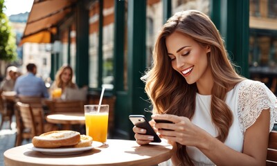 Laughing female blonde with long beautiful hair dressed in a trendy clothes chatting on her smart phone, young woman having breakfast in open air cafe while connecting to wireless via mobile phone