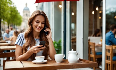 Laughing female blonde with long beautiful hair dressed in a trendy clothes chatting on her smart phone, young woman having breakfast in open air cafe while connecting to wireless via mobile phone