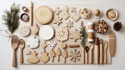 a table topped with lots of different types of wooden utensils and other kitchen utensils on top of a white surface.  generative ai