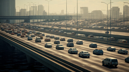 An image of a busy highway with cars and trucks moving along it - obrazy, fototapety, plakaty