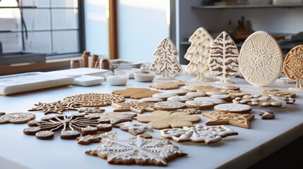  a table topped with lots of different types of cut out cookies and cookies on top of a white table cloth.  generative ai