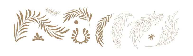 Vector set of logo design templates and graphic elements, organic cosmetic, floral illustration in simple linear hand drawn style, plants and flowers, palm leaves