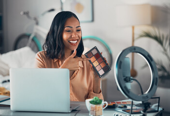 Beauty blogger, social media influencer and phone podcast recording a makeup review, showing tutorial and promoting cosmetics while sitting at home. Happy female content creator streaming online - obrazy, fototapety, plakaty