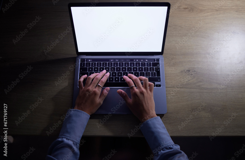 Aufkleber Person coding with laptop at night, hands typing on keyboard in the dark and internet website with white blank screen. IT student working at desk, online research on pc and top view with copy space