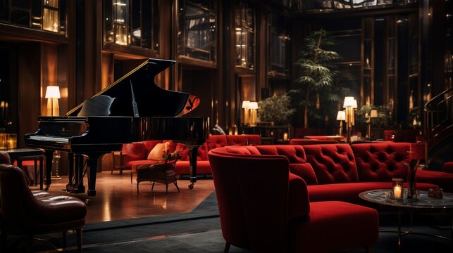 A swanky jazz club interior, characterized by dim lighting, velvet upholstery, and a grand piano.