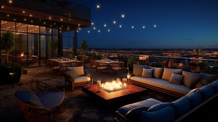 A swanky rooftop bar boasting panoramic city views, cozy fire pits, and an array of signature cocktails.