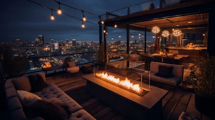 Zelfklevend Fotobehang A swanky rooftop bar boasting panoramic city views, cozy fire pits, and an array of signature cocktails. © ZAINAB