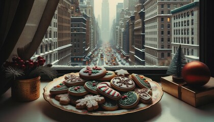 Muted color photograph of a selection of Christmas cookies, delicately positioned on an ornate plate near a window. The backdrop reveals a snowy New York scene. - obrazy, fototapety, plakaty