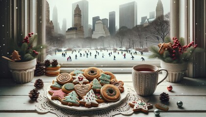  array of festive cookies, neatly arranged on a lace doily next to a warm mug of tea. The window beside showcases a New York winter wonderland with ice skaters gliding in Park. - obrazy, fototapety, plakaty