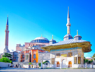 3. Ahmet Fountain and Hagia Sophia Mosque. - obrazy, fototapety, plakaty