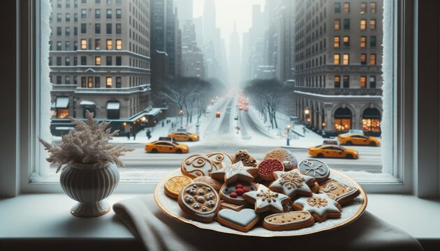 Muted color photograph showcasing a variety of Christmas cookies, elegantly placed on a white porcelain plate by a window sill. The backdrop captures New York's iconic skyline blanketed in snow.