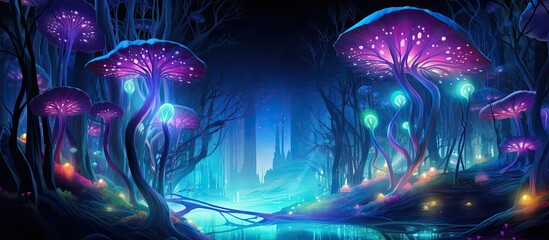Neon forest fantasy with fairytale colors in 2D illustration
