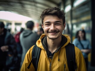 Young man with a mustache standing in a crowd.