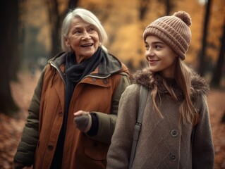 Older woman and a young girl walking in an autumn park.